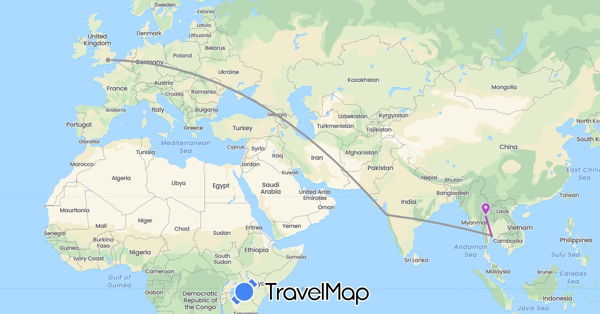 TravelMap itinerary: driving, bus, plane, train in United Kingdom, India, Thailand (Asia, Europe)